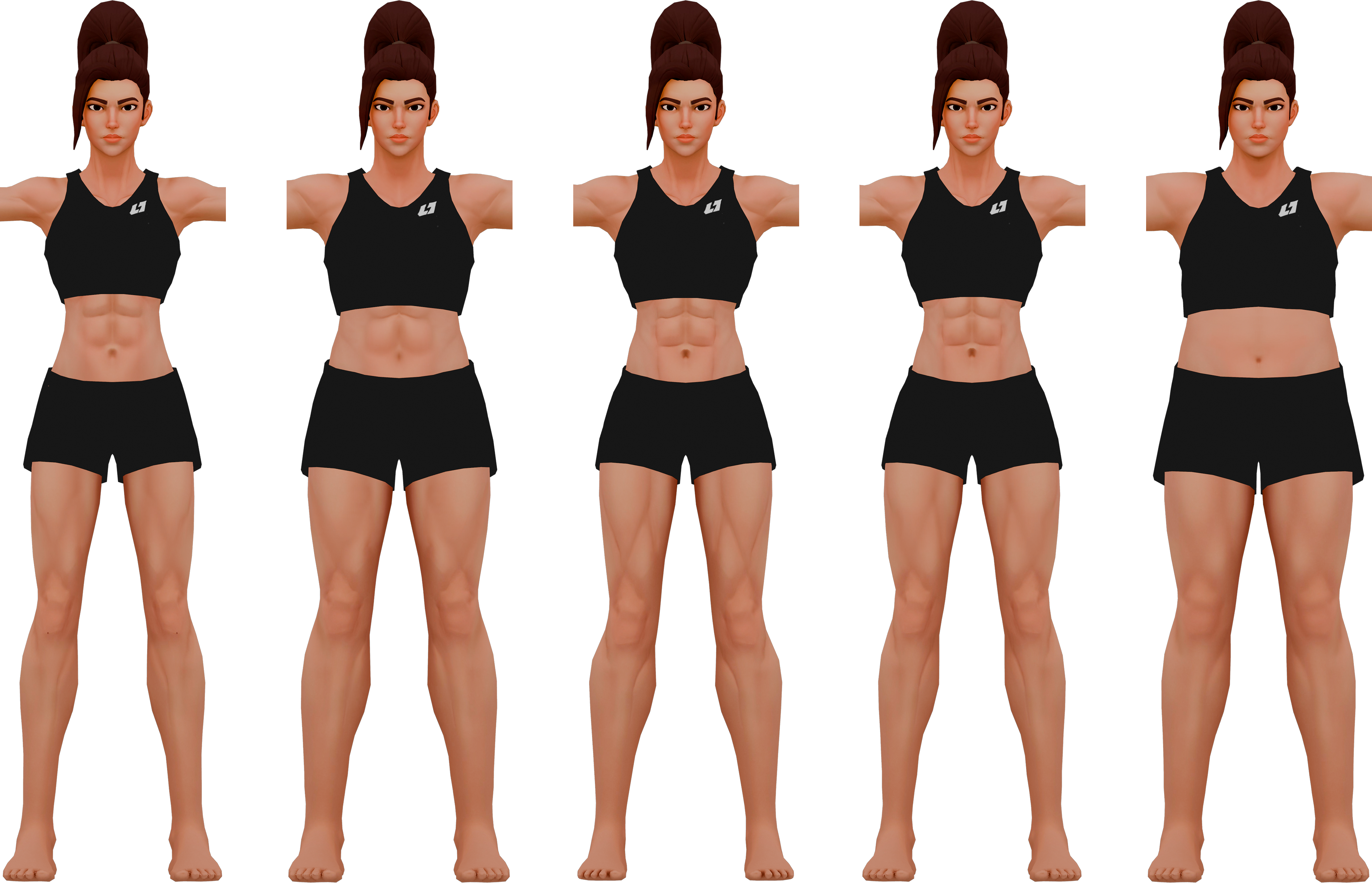 Five female RepClash body types in matching black sportswear