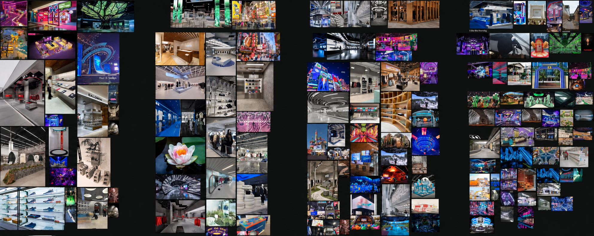 Moodboard of expo booths, retail displays, and Japanese street references
