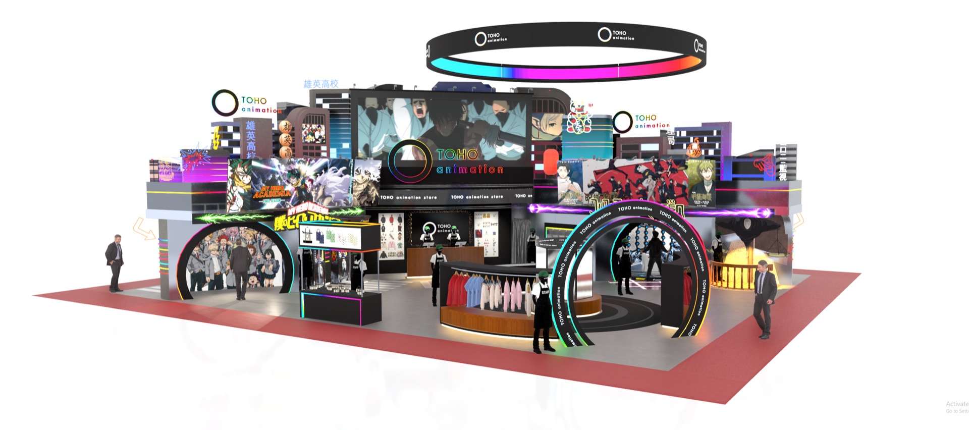Toho Animation exhibition booth design with circular entrances